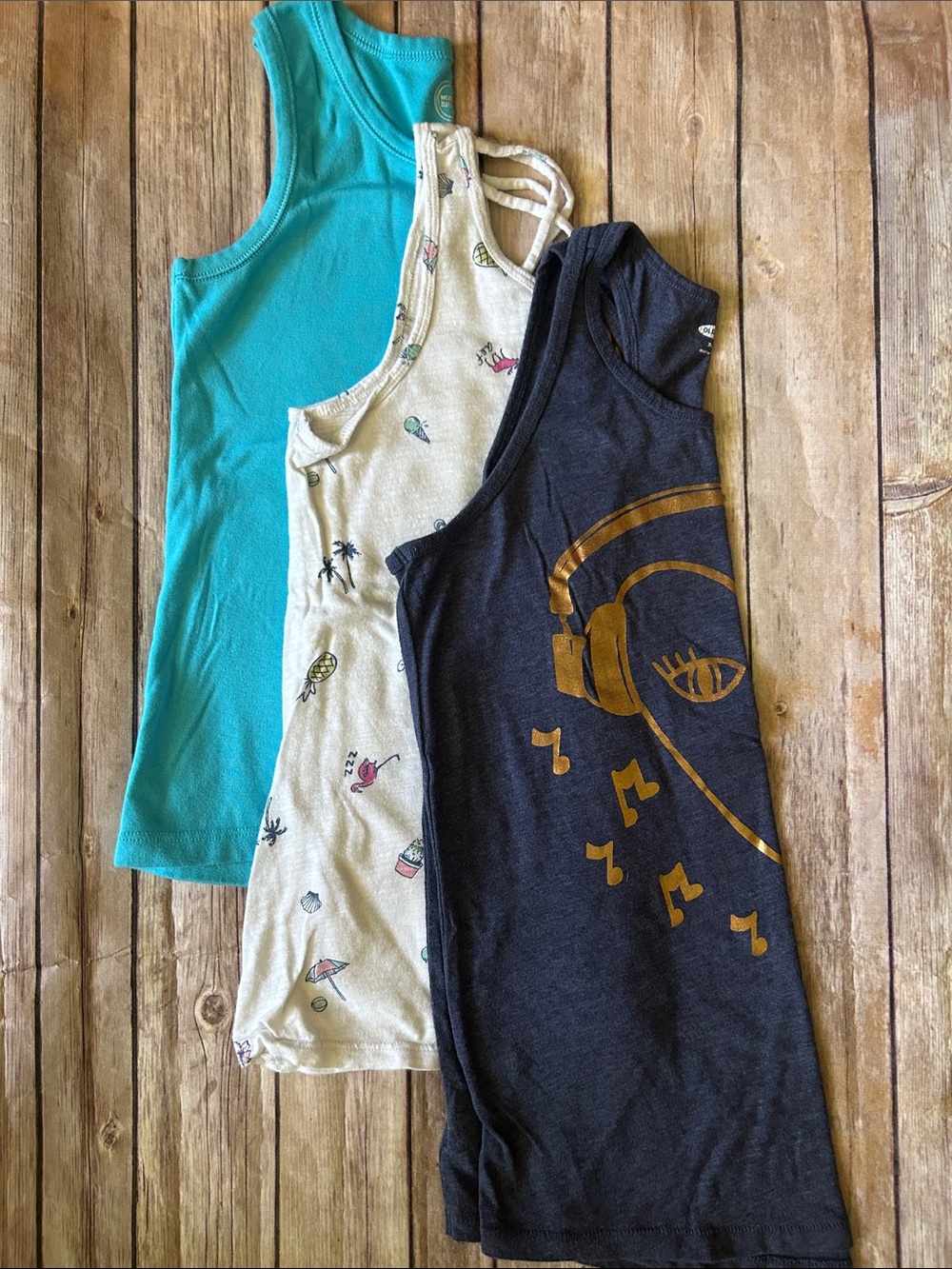 Girls' 3-Pack Tank Tops - Teal, White Summer Print & Navy with Gold Graphic